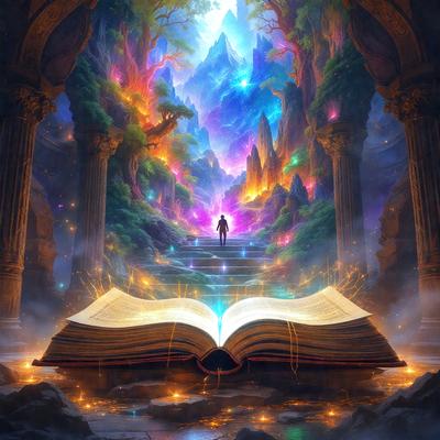 The primary subject of the image is a person standing on a set of stairs, which are part of a grand staircase. The setting is a fantasy world with a colorful and vibrant atmosphere. The visual style is digital art, and the colors and mood are lively and imaginative.